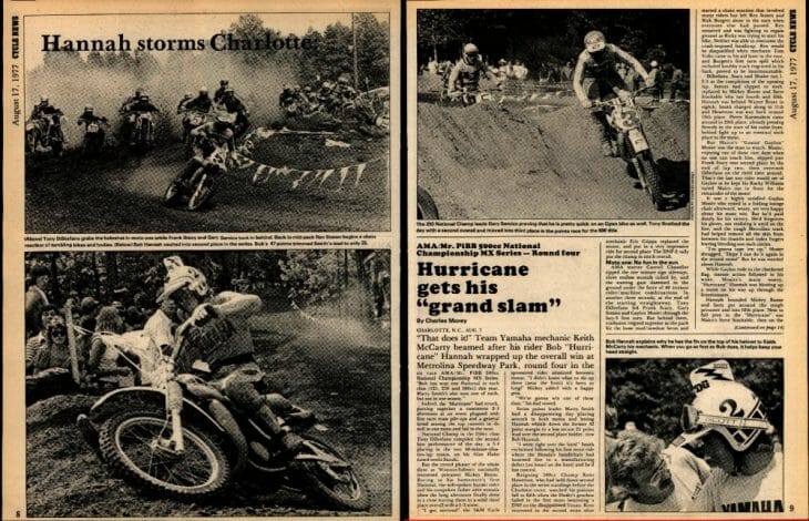 The Cycle News coverage of Bob Hannah's Charlotte AMA 500cc Motocross National victory that made him the only rider to win the MX Grand Slam in a single season.