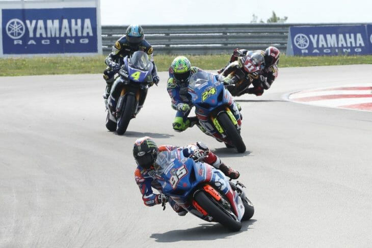Roger Hayden (95) beat teammate Toni Elias (24), Josh Hayes (4) and Mathew Scholtz (11) in the second Motul Superbike race at Pittsburgh Int'l Race Complex. | Photo: Brian J. Nelson