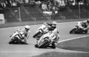Joey Dunlop leads the pack in Formula 1 TT action at Assen in 1987.