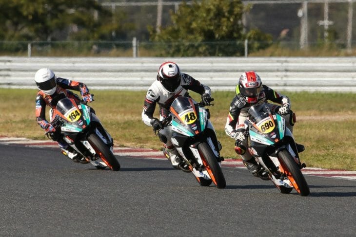 Dumas (690) emerged victorious following a captivating three-rider battle in the KTM RC Cup. Photo: Brian J. Nelson