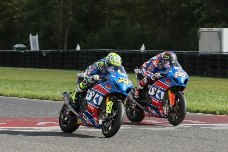 Hayes (95) made it close at the finish with Elias (24), securing yet another Yoshimura Suzuki 1-2 finish. Photo: Brian J. Nelson