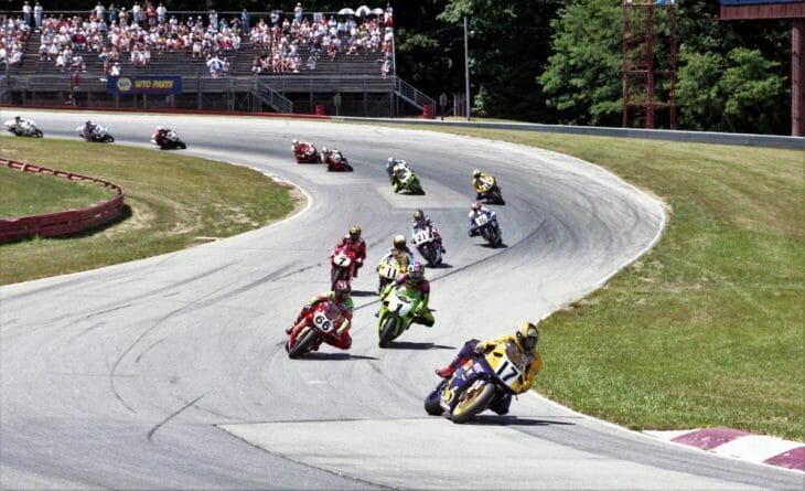 American Honda’s Miguel Duhamel leads a deep field of talented riders in the AMA Superbike race at the Mid-Ohio Sports Car Course in July of 1997.