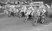 Honda factory rider Donnie “Holeshot” Hansen (21) lives up to his nickname as he nails the holeshot in one of the Heat races during the 1981 San Diego Supercross.