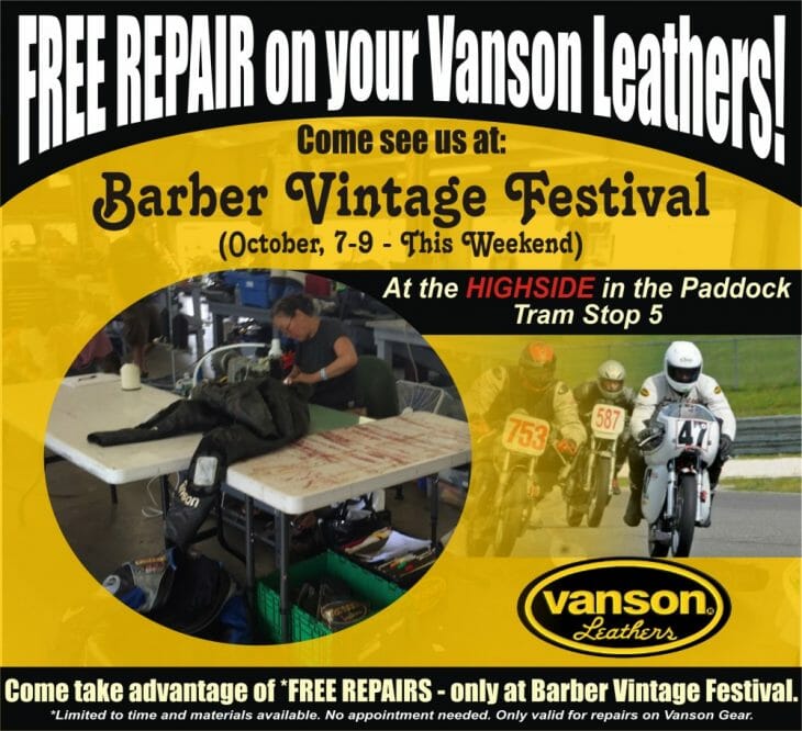 Vanson Offering Free Repairs at Barber Vintage Festival this Weekend