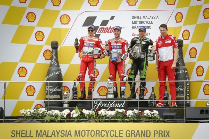 MotoGP podium (L-R): Lorenzo, Dovizioso, Zarco.