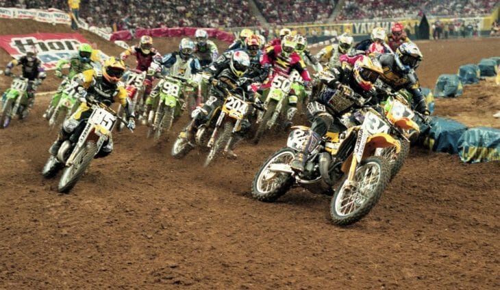 Barry Carsten takes the holeshot in the AMA 125cc East Supercross race in St. Louis in 1997