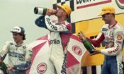 Frankie Chili celebrates his 250cc Grand Prix victory at Assen in 1991
