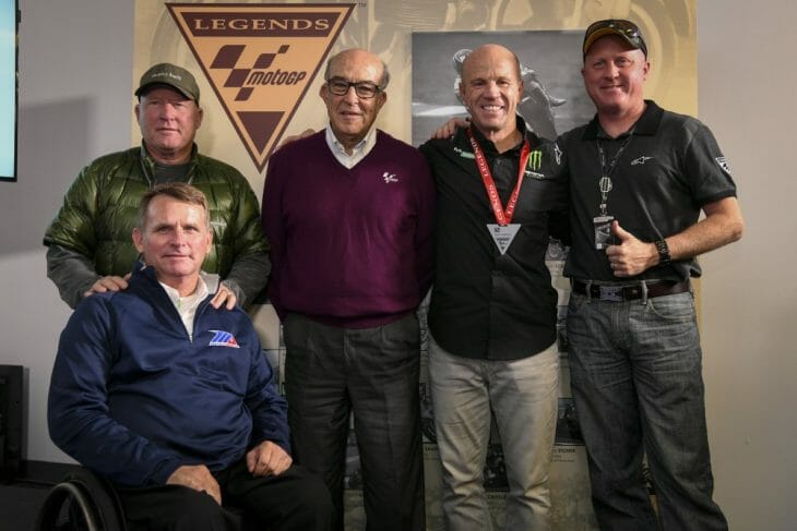 Randy Mamola (wearing his MotoGP Legend medal) celebrates his induction into MotoGP Legends