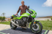 Eddie Lawson was as stoked as he was surprised that Kawasaki gifted him this brand-new Z900RS Café at the media intro in Malibu.