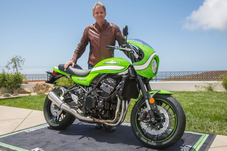 Eddie Lawson was as stoked as he was surprised that Kawasaki gifted him this brand-new Z900RS Café at the media intro in Malibu.