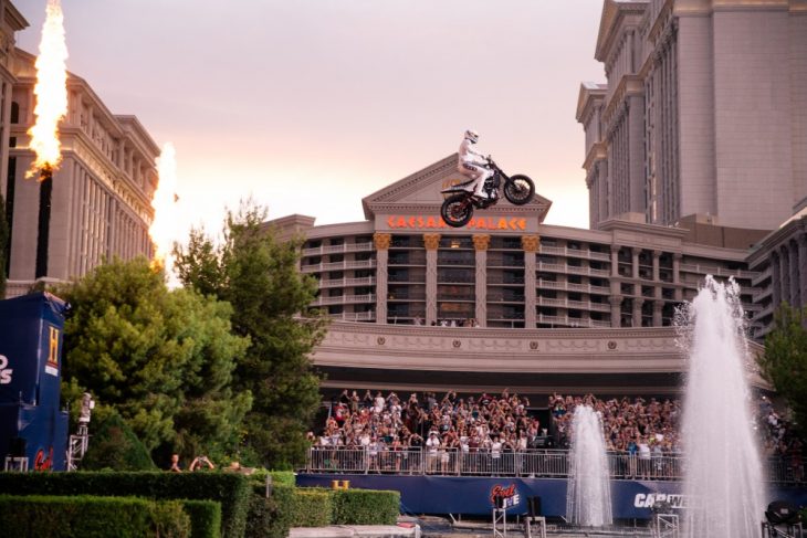 Travis Pastrana jumps Caesar Palace fountains.