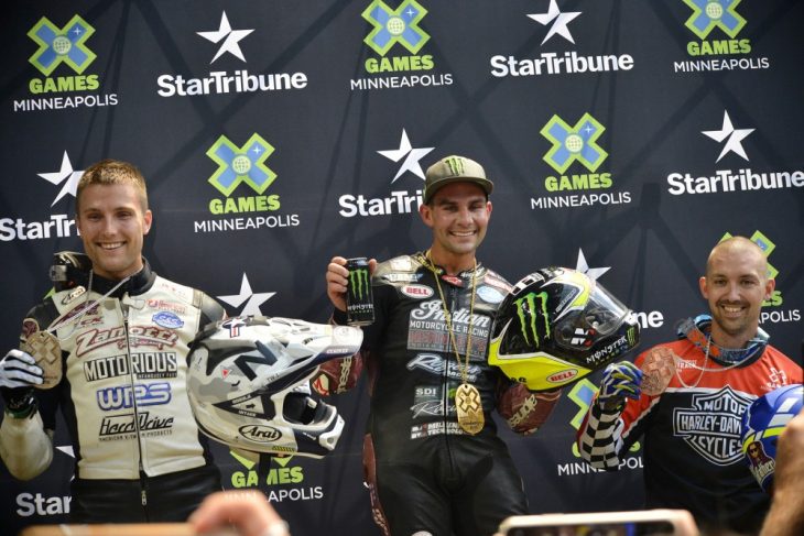 (Left to right) Briar Bauman, Jared Mees and Jake Johnson make up the Flat Track podium at the X Games Minneapolis 2018. Photo: Dave Hoenig