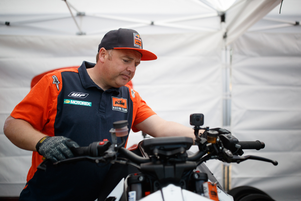 David O’Connor does some last-minute checks to the Super Duke before launch time.