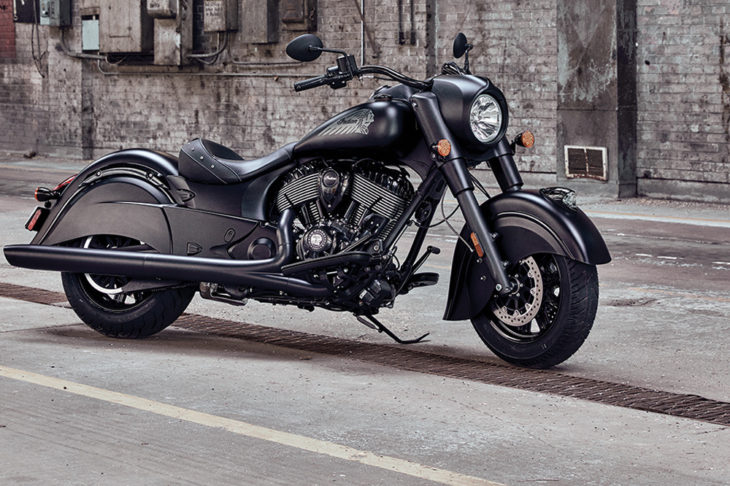 Along with styling updates, the 2019 cruisers, baggers and touring models have selectable ride modes, rear-cylinder deactivation to reduce heat when idling, and enhanced audio systems. (2019 Chief Dark Horse pictured).