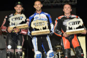 Jake Johnson (center), Jared Mees (left) and Sammy Halbert celebrate on the AFT Twins podium at the Buffalo Chip TT.