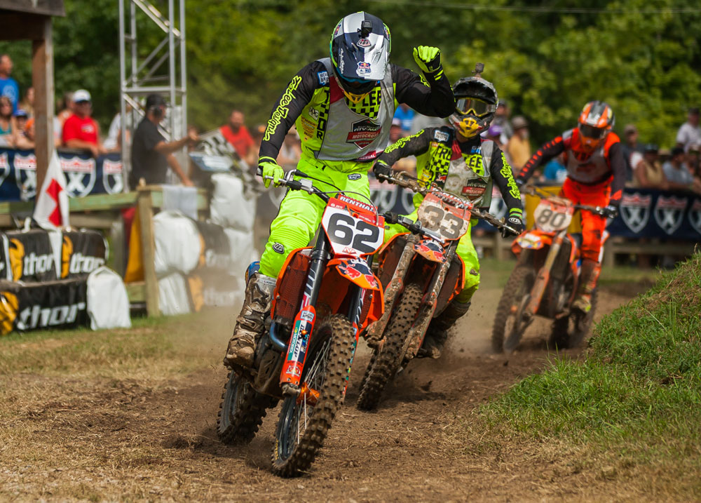 Mitchell Falk celebrates after holding off his TLD KTM teammate Derek Drake in the second 250 A moto.
