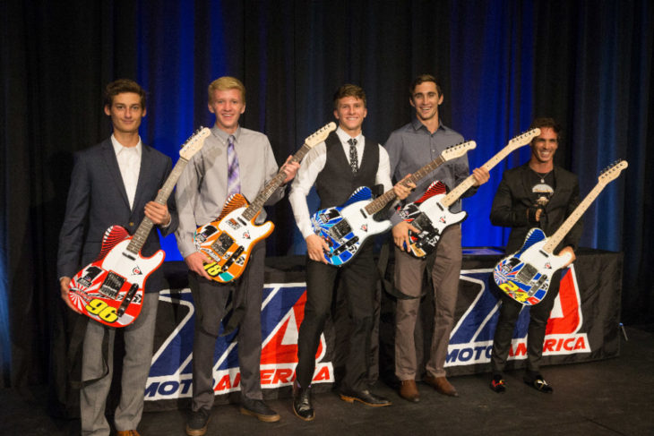 The 2017 MotoAmerica Champions - (from left to right) Jason Aguilar, Benjamin Smith, Garrett Gerloff, Mathew Scholtz and Toni Elias - at last year's Night of Champions with their Dunlop guitars. This year's gala will be held at the Mandalay Bay in Las Vegas.|Photo by Brian J. Nelson