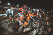 This is just a typical rock turn in EnduroCross with several riders battling for position. Cooper Abbott (120) does his best to move around the outside. Photo: Tanner Yeager.