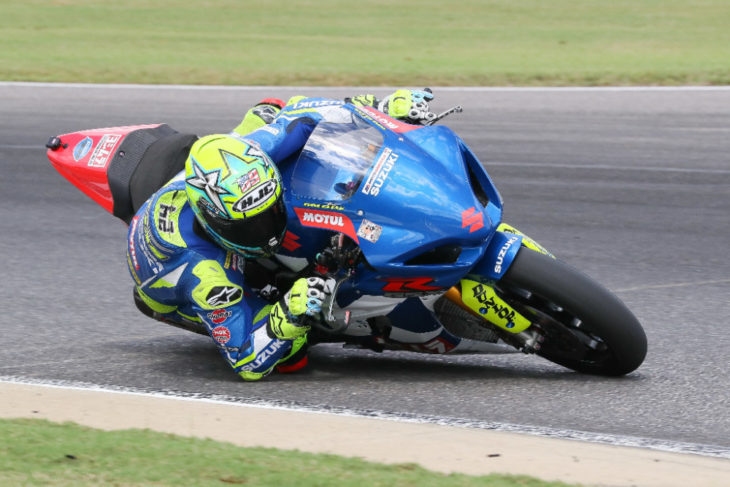 Yoshimura Suzuki's Toni Elias ripped the number one from his Suzuki after losing the 2018 title to Cameron Beaubier and then went out and led the way in the Dunlop tire test on Tuesday at Barber Motorsports Park.|Photo by Brian J. Nelson