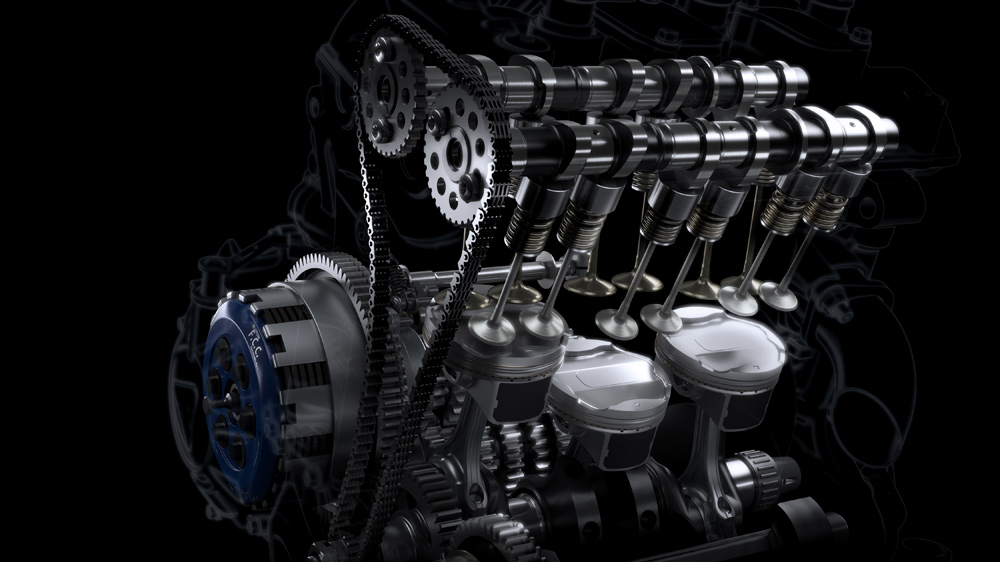 The stock offset chain drive to the cams has been retained, with max revs punched out to 14,000 rpm.
