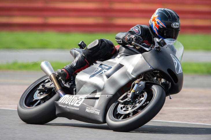 Alan Cathcart swoops around Silverstone’s Stowe circuit on the new 765. Moto2 will be very different in 2019!