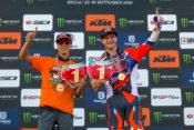 Jorge Prado (left) officially clinched the 2018 MX2 title at Imola.