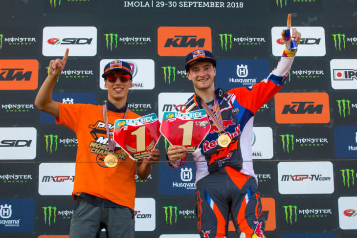 Jorge Prado (left) officially clinched the 2018 MX2 title at Imola.