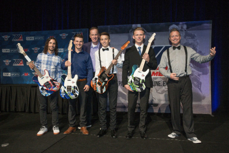 We are the champions: (From left to right) JD Beach, Cameron Beaubier, Dunlop's Mike Buckley, Alex Dumas, Andrew Lee and Chris Parrish (sans his guitar that got delayed in shipping) celebrate with their custom Dunlop guitars. Photo by Brian J. Nelson.