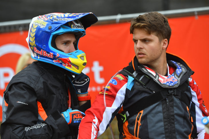 Taylor Robert (left) and Steward Baylor chat before the start of the ISDE in Chile.