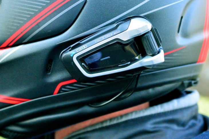 The Cardo Packtalk motorcycle communications system ready for installation.