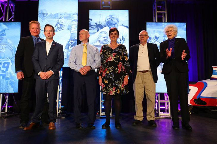 The AMA Motorcycle Hall of Fame Class of 2018 (l-r): Gary Davis, Nicky Hayden family representative Tommy Hayden, Terry Cunningham, Skip Eaken's widow, Linda Eaken, Clifford "Corky" Keener and Mary McGee. Photo by Jeff Kardas