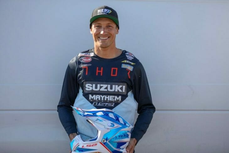 Supercross racer Kyle Chisholm holding his new LS2 Helmet for 2019