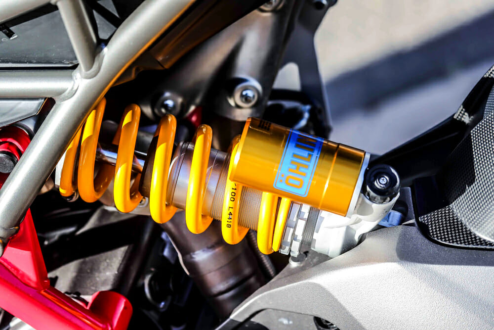 The 2019 Ducati Hypermotard has Ohlins shocks.