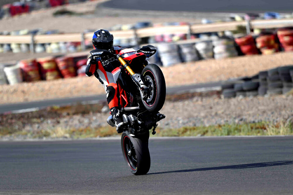 Doing a wheelie on the 2019 Ducati Hypermotard 950.