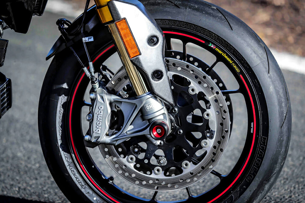 The 2019 Ducati Hypermotard 950S has forged Marchesini wheels.