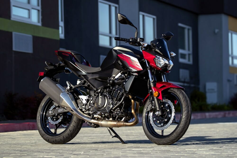 The 2019 Kawasaki Z400 ABS comes in Candy Lime Green and Candy Cardinal Red.