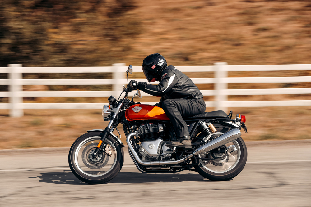 The INT 650 provides a more relaxed ride than the Continental, with weight distribution set at 50/50 front to rear.