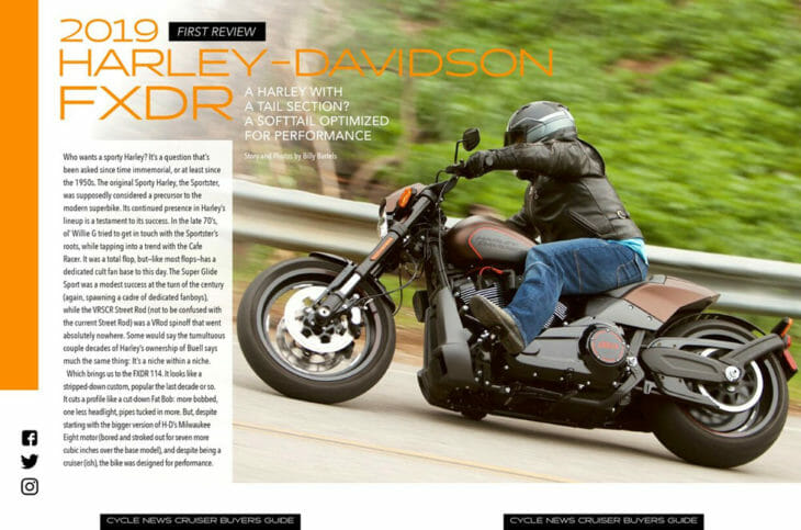 The Cruiser Buyer's Guide includes a test on the 2019 Harley Davidson FXDR 114. 
