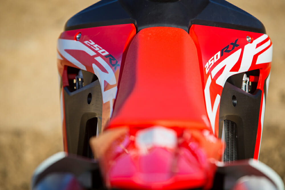 The stock tank on the 2019 Honda CRF250RX holds 2.2 gallons.