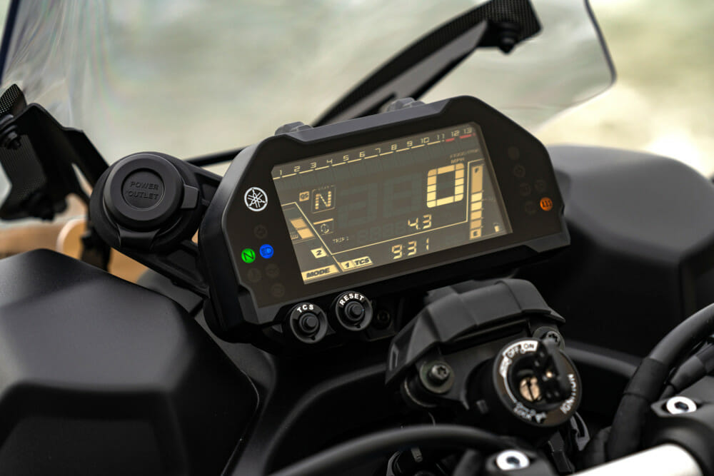 The LCD screen and dash on the 2019 Yamaha Niken GT.