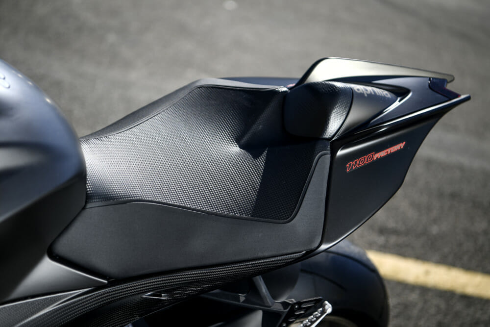 The 2019 Aprilia RSV4 1100 Factory's seat.