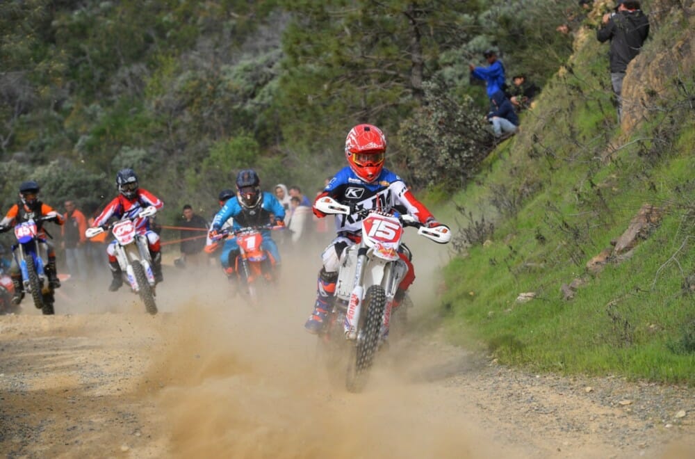Gerston leads the pack after the holeshot with Anson Maloney, Jason Hurst, and Justin Bonita close behind at the Shasta Dam Grand Prix.
