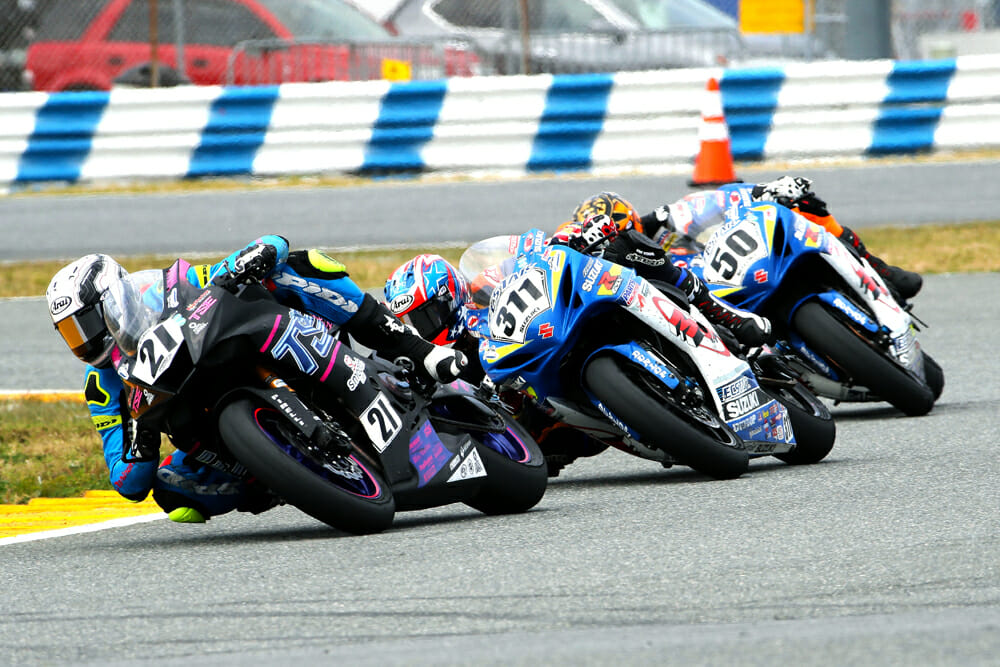 Riding for the M4 Ecstar Suzuki Team, Kelly (311) isn’t afraid to mix it up like he is here at the Daytona 200.