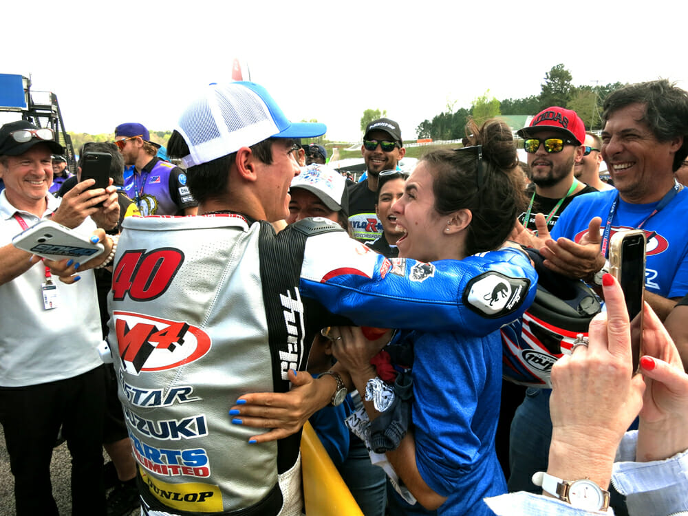 Sean Dylan Kelly celebrates his standout ride at the Daytona 200 with his sister and father.