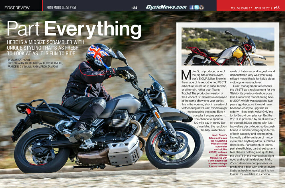 Moto Guzzi’s latest entry into the flourishing midsize street scrambler market, the 2019 Moto Guzzi V85TT, features an all-new transverse 90º V-twin engine set to power a range of future models.