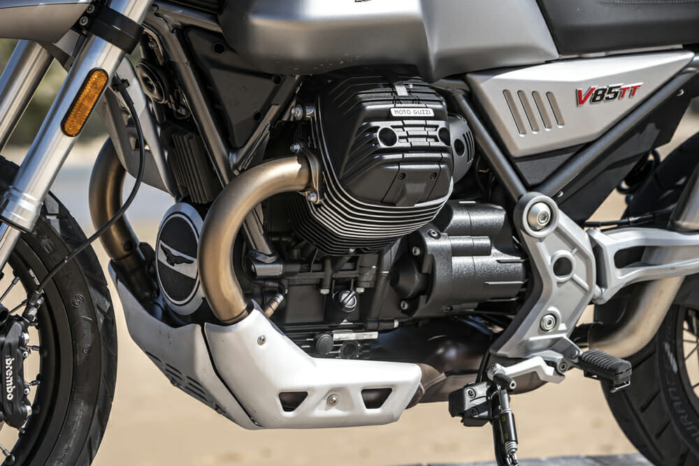 The 2019 Moto Guzzi V85TT's air/oil-cooled two-valve pushrod small-block engine measuring 84 x 77mm for 853cc, delivers 80 bhp at 7750 rpm, and peak torque of 80Nm at 5000 rpm.