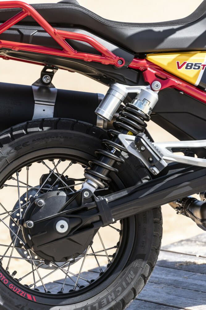 The 2019 Moto Guzzi V85TT has a cantilever rear monoshock and a Kayaba 41mm fork, both adjustable for spring preload and rebound damping, handle suspension duty.
