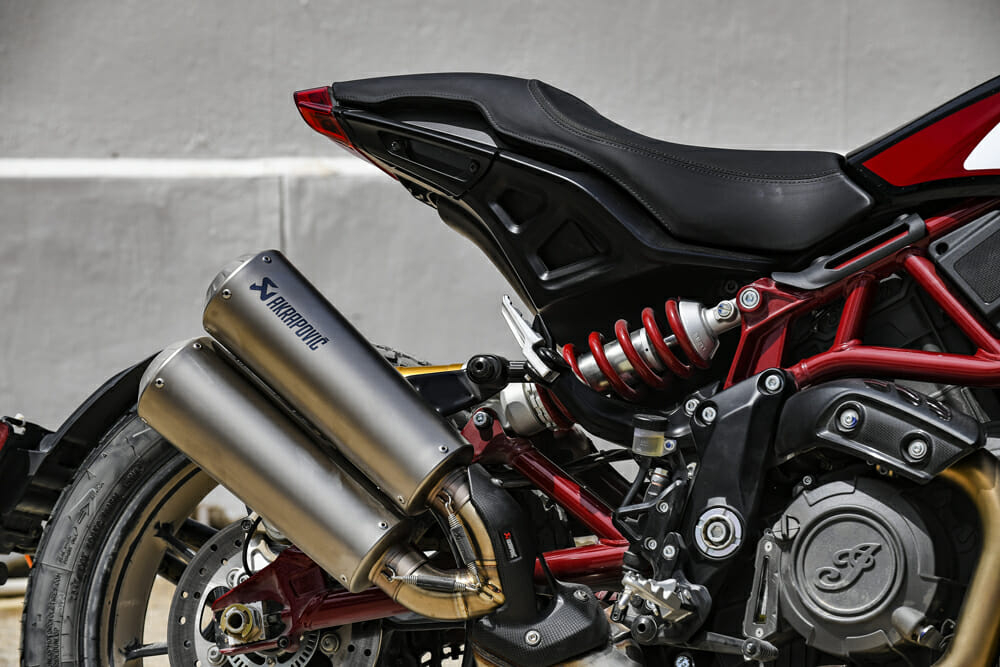 The 2019 Indian FTR 1200 has Akrapovic titanium mufflers.