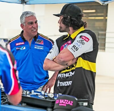 Yoshimura Suzuki's own Ammar Bazzaz (left) served as the event DJ. Bazzaz is seen here comparing music knowledge with motocrosser and aspiring rapper Adam Enticknap!