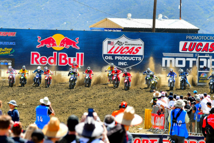 The riders appear to be slightly more staggered off the gate than usual in the second 250MX moto at round two of the 2019 Lucas Oil AMA National Motocross Championship, at Fox Raceway in Pala, California.